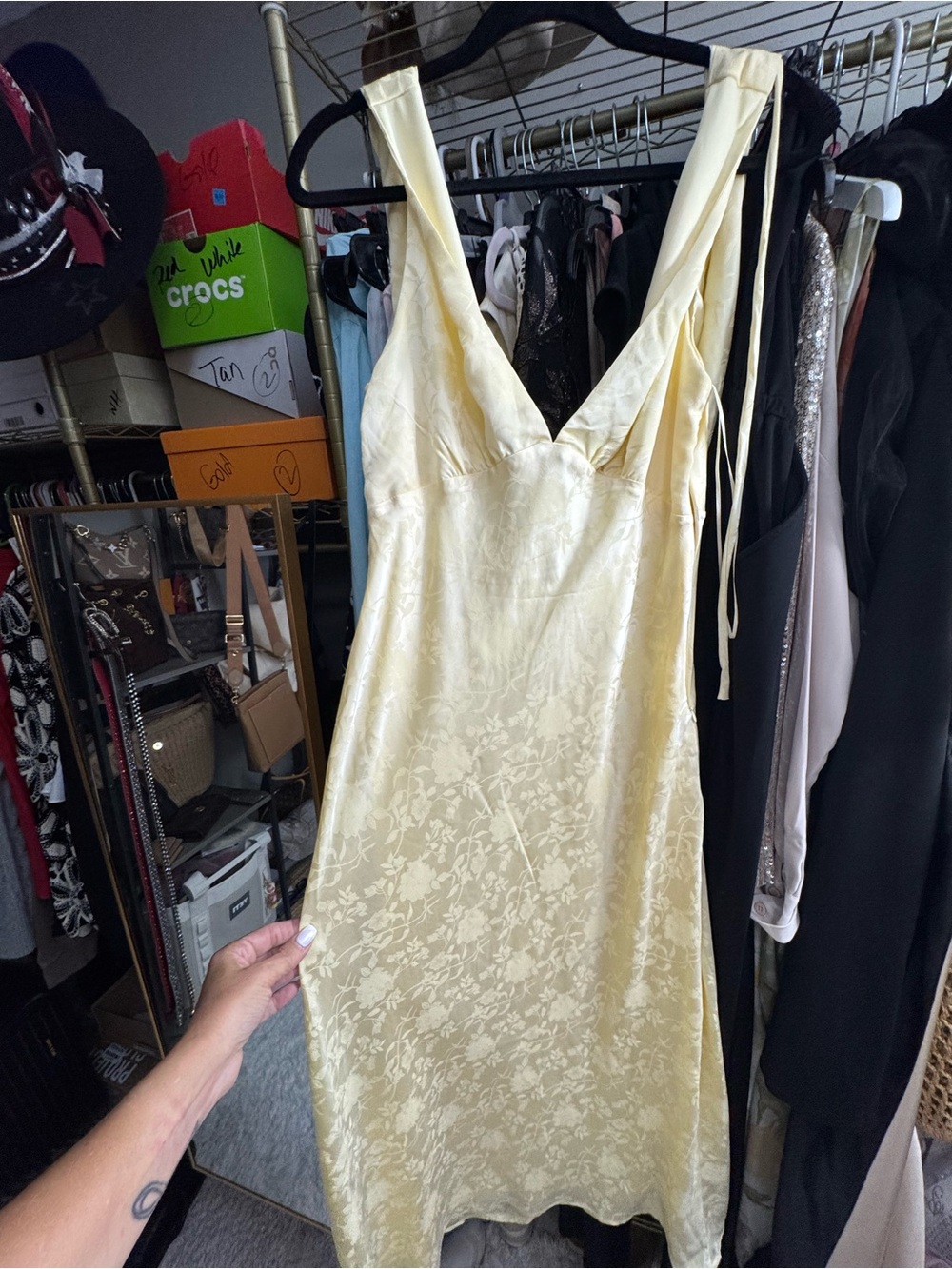 Satin Floral Slip Dress in Pale Yellow